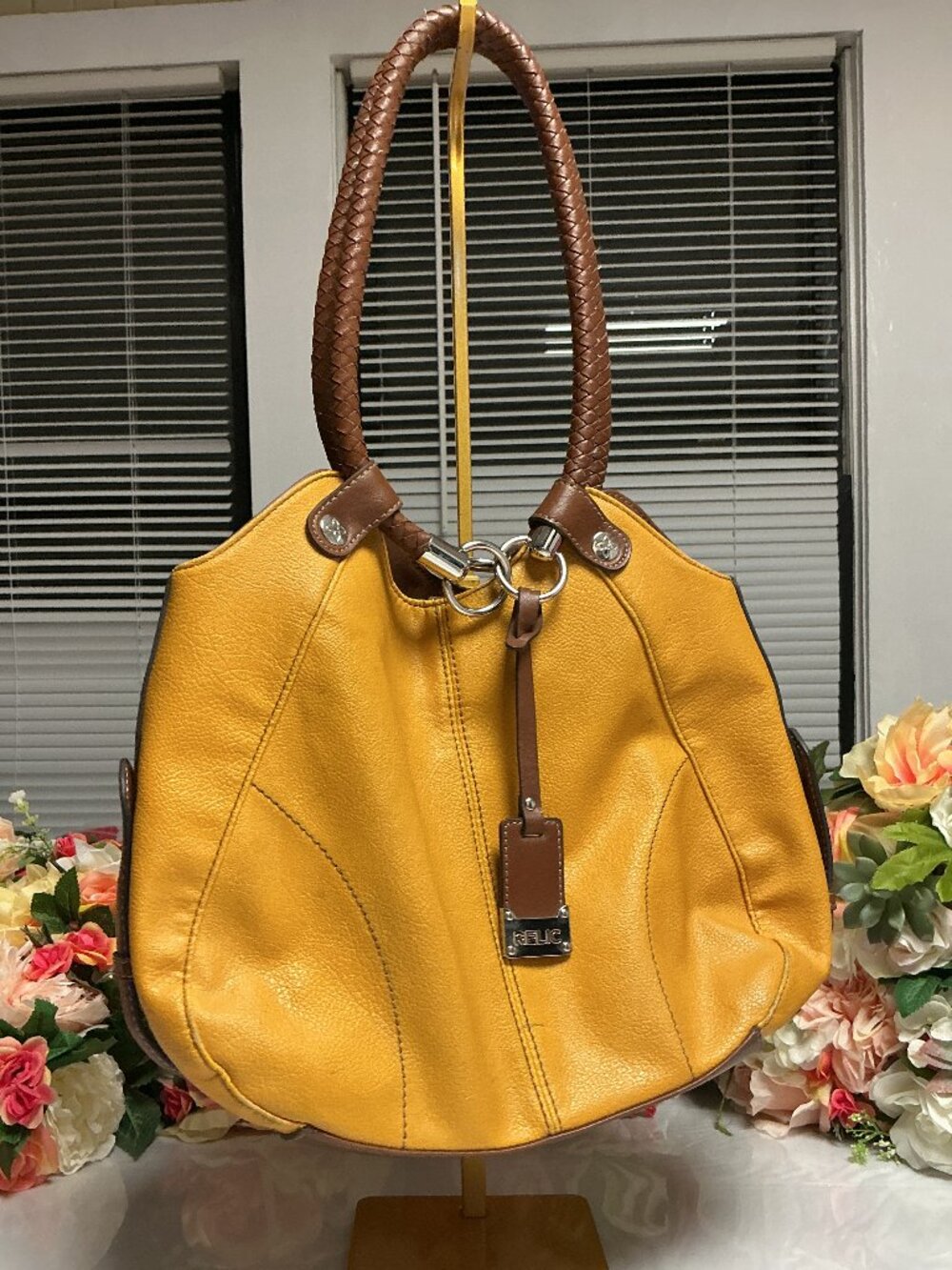 Relic Mustard Yellow Hobo Shoulder Bag Brown Braided Handles Y2K